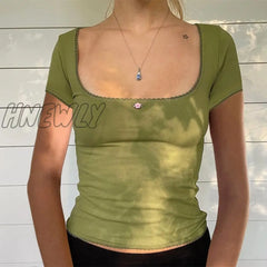 Hnewly Y2K Crop Tops 2000S Aesthetic Women Lace Trim Short Sleeve T Shirt With Little Flower Kawaii