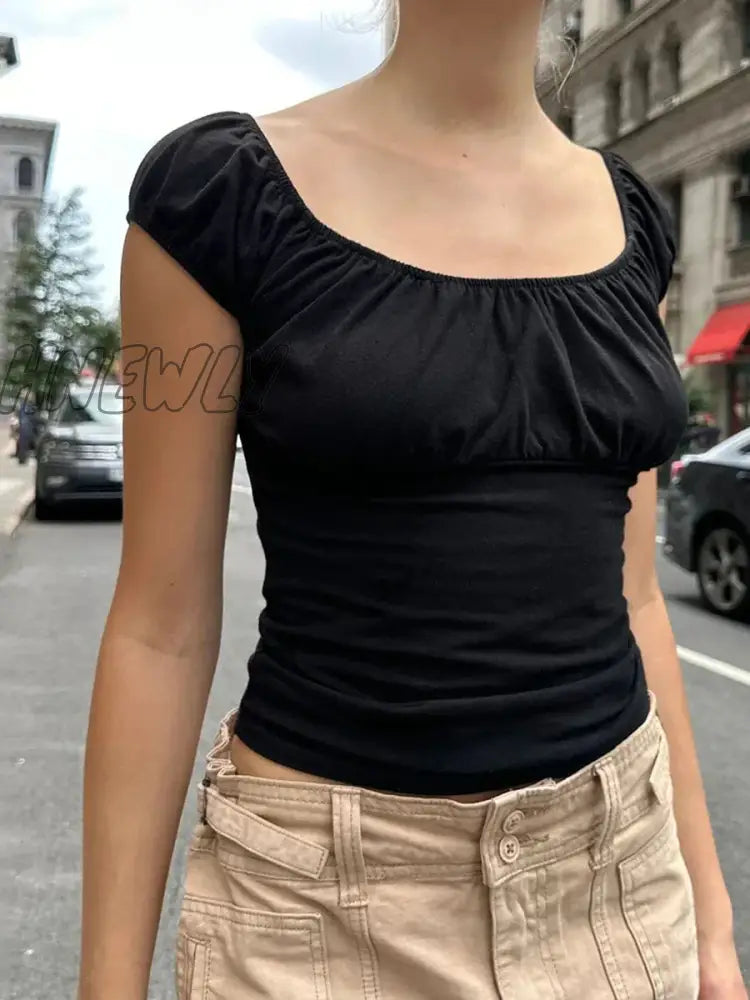 Y2k Crop Tops Women Square Collar Short Sleeve Tees Coquett Aesthetic 2000s Vintage T-shirts Women Korean Fashion Streetwear