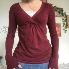 Hnewly Y2K Cute Grunge Burgundy T-Shirt 00S Vintage V Neck Long Sleeve Tees Chic Retro Women