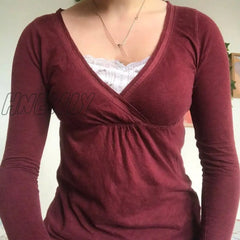 Hnewly Y2K Cute Grunge Burgundy T-Shirt 00S Vintage V Neck Long Sleeve Tees Chic Retro Women