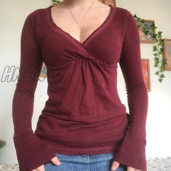Hnewly Y2K Cute Grunge Burgundy T-Shirt 00S Vintage V Neck Long Sleeve Tees Chic Retro Women