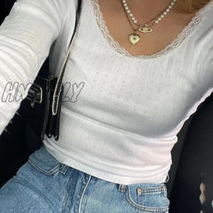 Hnewly Y2K Cute Lace Trim White Crop Top Chic Women Rib Knitted Long Sleeve T Shirt Autumn Spring
