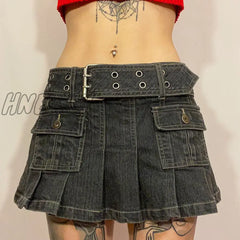 Hnewly Y2K Denim Skirt 2000S Aesthetic Women Fairycore Grunge Low Waist A Line Pleated Skirts