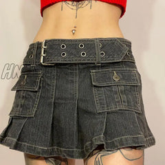 Hnewly Y2K Denim Skirt 2000S Aesthetic Women Fairycore Grunge Low Waist A Line Pleated Skirts