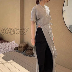 Hnewly Y2K Dress Women Solid Bandage Asymmetrical Side Slit Chic Midi Streetwear Simple Lace Up
