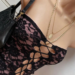 Hnewly Y2K Fairy Coquette Backless Bandeau Vest Floral Lace Mesh Boob Tube Tops Frint Tie Up Hollow