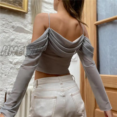 Hnewly Y2K Fairy Core Sheer Mesh Off Shoulder Long Sleeve Crop Top Casual Shirts Women Clothing