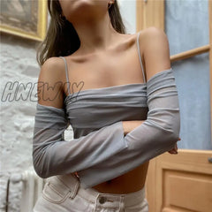 Hnewly Y2K Fairy Core Sheer Mesh Off Shoulder Long Sleeve Crop Top Casual Shirts Women Clothing