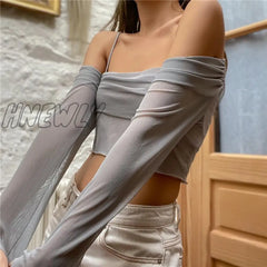 Hnewly Y2K Fairy Core Sheer Mesh Off Shoulder Long Sleeve Crop Top Casual Shirts Women Clothing