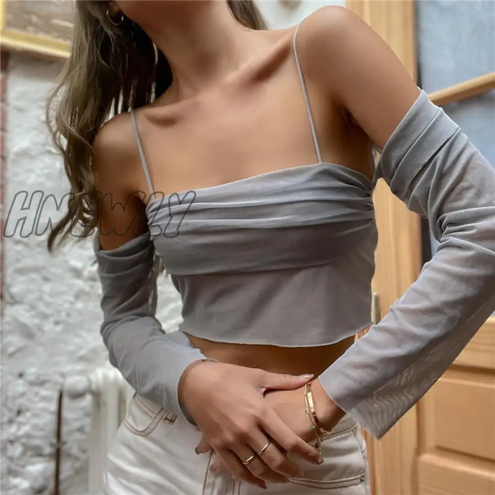 Hnewly Y2K Fairy Core Sheer Mesh Off Shoulder Long Sleeve Crop Top Casual Shirts Women Clothing