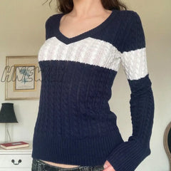 Hnewly Y2K Fairy Grunge Sweater 2000S Aesthetic Women Striped Knitted Tops E Girl V Neck Long