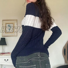 Hnewly Y2K Fairy Grunge Sweater 2000S Aesthetic Women Striped Knitted Tops E Girl V Neck Long