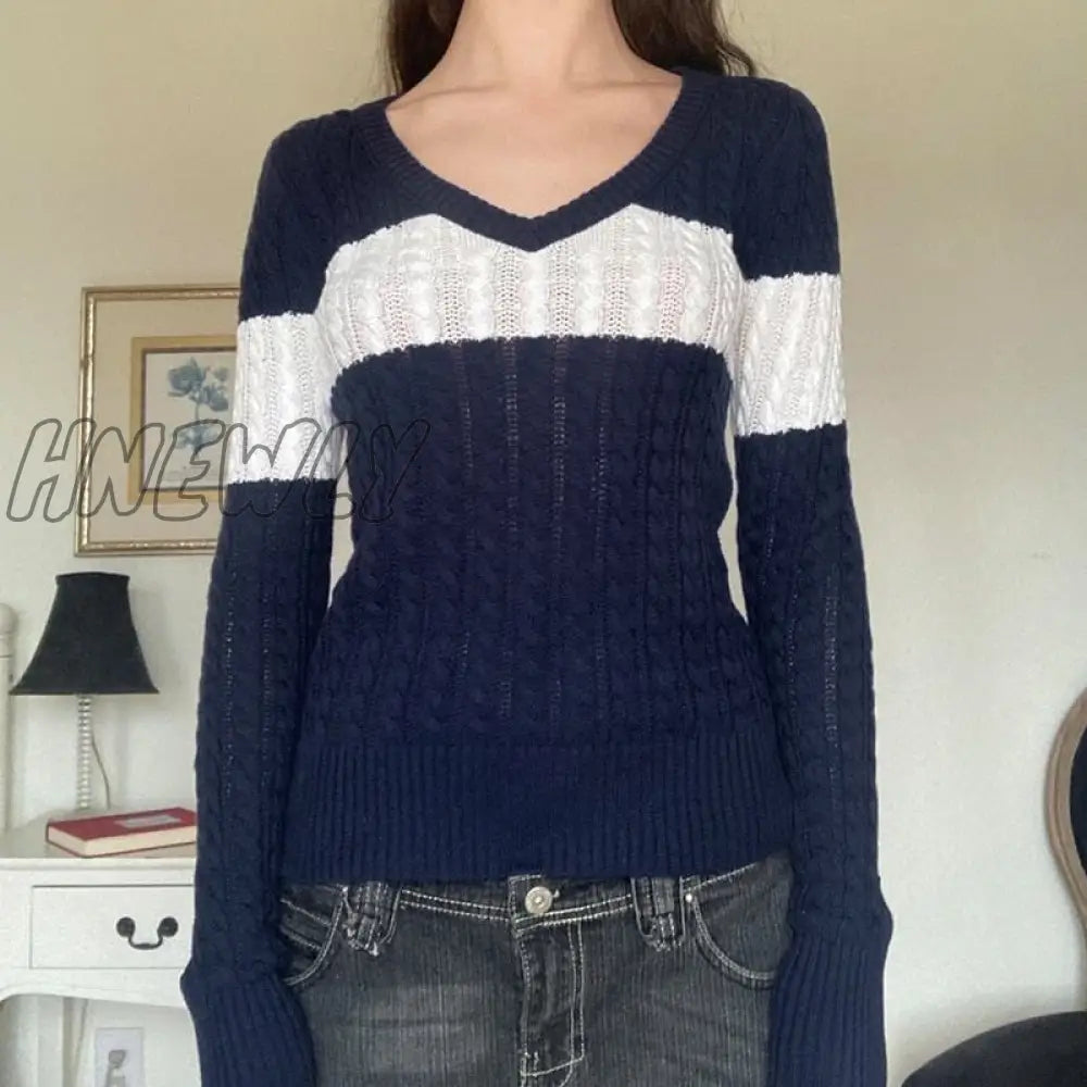 Hnewly Y2K Fairy Grunge Sweater 2000S Aesthetic Women Striped Knitted Tops E Girl V Neck Long