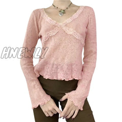 Hnewly Y2K Fairy Grunge Tops Sweet Women V Neck Lace Patchwork Long Sleeve T Shirt E Girl Knitted