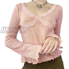 Hnewly Y2K Fairy Grunge Tops Sweet Women V Neck Lace Patchwork Long Sleeve T Shirt E Girl Knitted