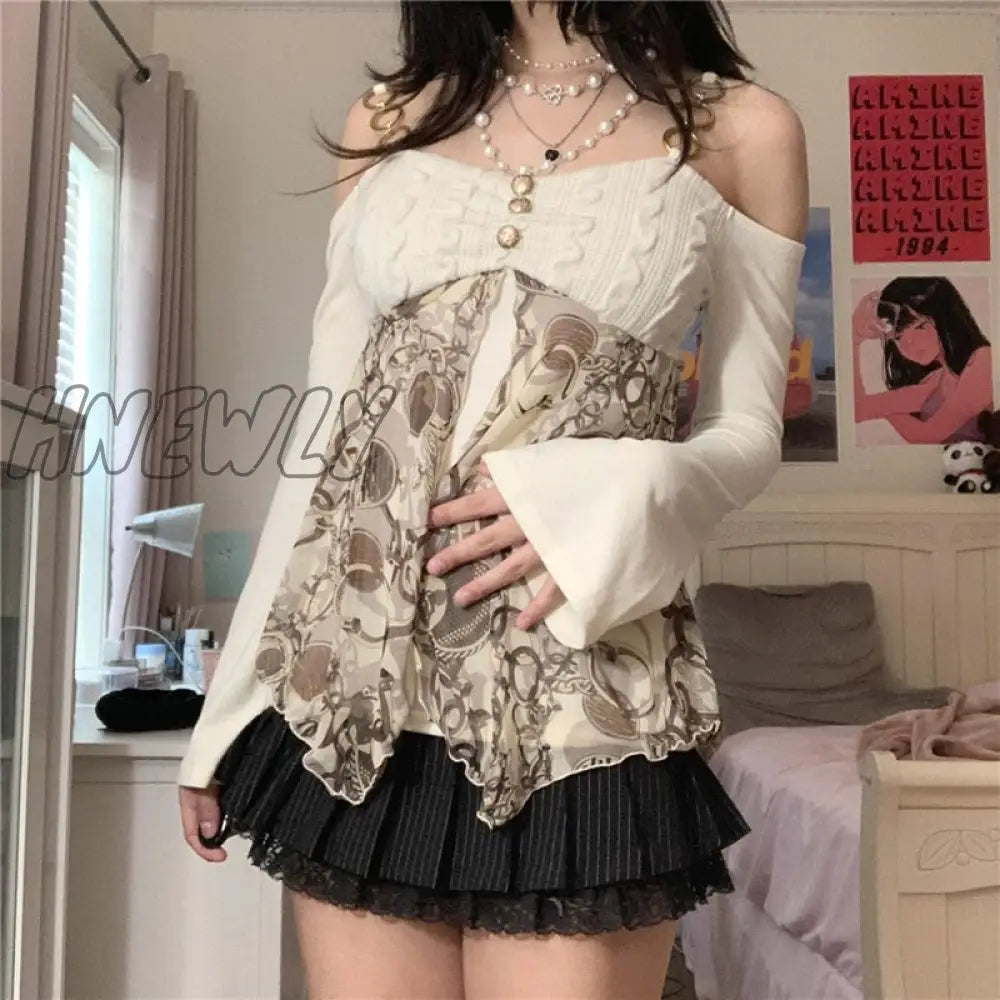 Hnewly Y2K Fairycore Grunge T Shirt Women Aesthetic Cold Shoulder Long Sleeve Tops With Graphic