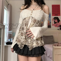 Hnewly Y2K Fairycore Grunge T Shirt Women Aesthetic Cold Shoulder Long Sleeve Tops With Graphic