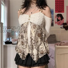 Hnewly Y2K Fairycore Grunge T Shirt Women Aesthetic Cold Shoulder Long Sleeve Tops With Graphic