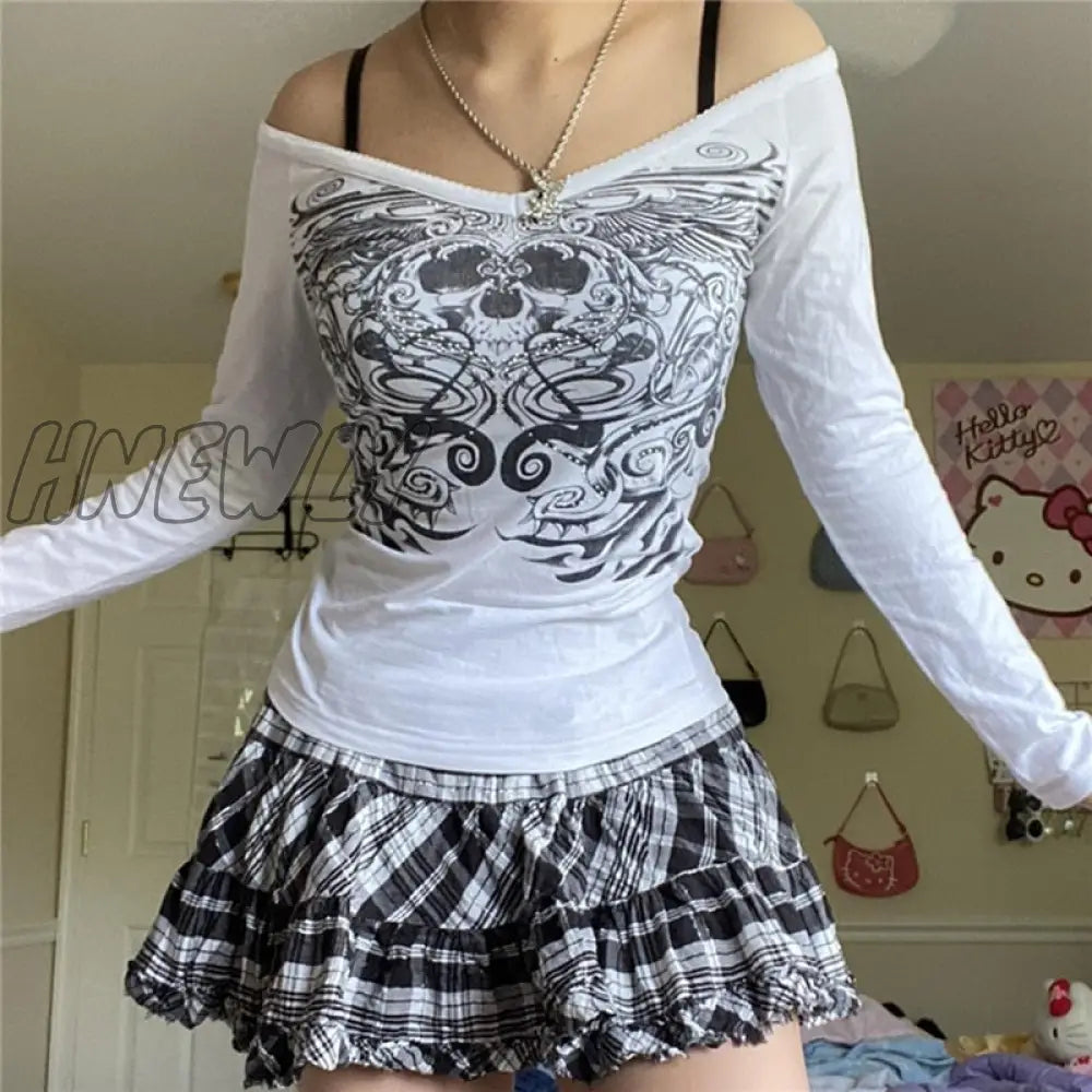 Hnewly Y2K Fairycore Grunge Top Gothic Aesthetic Clothes Women V Neck Graphic Skull Print Long