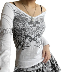 Hnewly Y2K Fairycore Grunge Top Gothic Aesthetic Clothes Women V Neck Graphic Skull Print Long