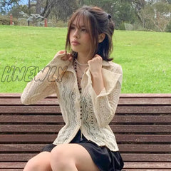 Hnewly Y2K Fairycore Grunge White Lace T-Shirt Sexy See Through Button Full Sleeve Crop Top Tees