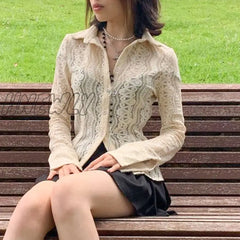 Hnewly Y2K Fairycore Grunge White Lace T-Shirt Sexy See Through Button Full Sleeve Crop Top Tees