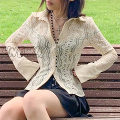 Hnewly Y2K Fairycore Grunge White Lace T-Shirt Sexy See Through Button Full Sleeve Crop Top Tees