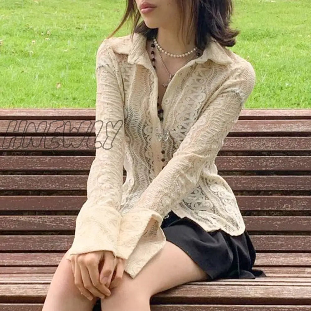 Hnewly Y2K Fairycore Grunge White Lace T-Shirt Sexy See Through Button Full Sleeve Crop Top Tees
