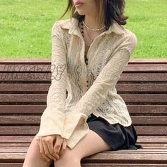 Hnewly Y2K Fairycore Grunge White Lace T-Shirt Sexy See Through Button Full Sleeve Crop Top Tees