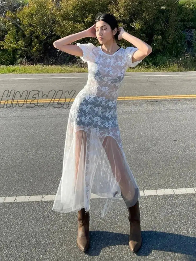 Y2K Fairycore See Through Floral Lace Mesh White Dress Summer Retro Puffy Short Sleeve Long Dresses