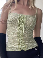 Hnewly Y2K Floral Embroidery Criss-Cross Lace Up Tank Tops Chic 00S Vintage Fairycore Corsets Retro