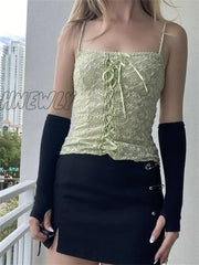 Hnewly Y2K Floral Embroidery Criss-Cross Lace Up Tank Tops Chic 00S Vintage Fairycore Corsets Retro