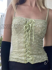 Hnewly Y2K Floral Embroidery Criss-Cross Lace Up Tank Tops Chic 00S Vintage Fairycore Corsets Retro