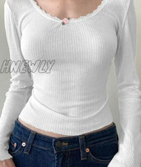 Hnewly Y2K Floral Lace Crop Top White Knitted O Neck Basic Casual T Shirt Women Chic Vintage Full