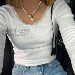 Hnewly Y2K Floral Lace Crop Top White Knitted O Neck Basic Casual T Shirt Women Chic Vintage Full