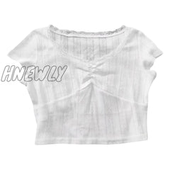 Hnewly Y2K Floral Lace Trim Crop Top White Clothes 2000S Aesthetic Women Fairycore Grunge Short