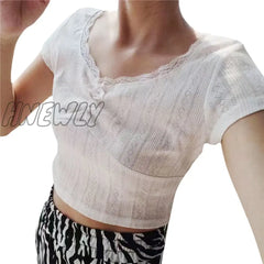Hnewly Y2K Floral Lace Trim Crop Top White Clothes 2000S Aesthetic Women Fairycore Grunge Short