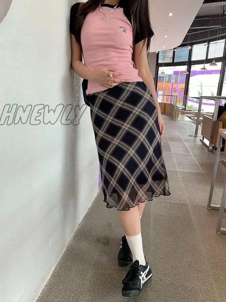 Y2k Vintage Plaid Skirt Women Summer Korean Style Casual Mesh Print High Waist Slim Midi Skirt Girl 90s Streetwear