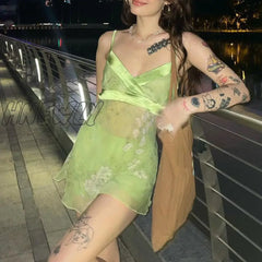 Hnewly Y2K Floral Print Mini Dresses Sexy V-Neck Patchwork Clubwear E Girl Clothes Party Harajuku