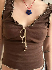 Hnewly Y2K Frill Camisole Women Brown Tie Up Crop Tops Kawaii Sweet Aesthetic Sleeveless Tank Top
