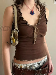 Hnewly Y2K Frill Camisole Women Brown Tie Up Crop Tops Kawaii Sweet Aesthetic Sleeveless Tank Top