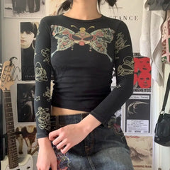 Hnewly Y2K Graphic Crop Top 2000S Aesthetic Women Print Round Neck Long Sleeve T Shirts Grunge