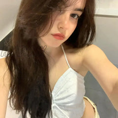 Hnewly Y2K Halter Top Women Fairycore Clothing Sleeveless Front Drawstring Lace Eyelet Slim Fit