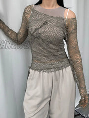 Hnewly Y2K Holes Crop Top Asymmetrical Full Sleeve Smock See Through Grunge T Shirt Women Fashion