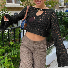 Hnewly Y2K Hollow Out Cropped Knit Smock Top Women Vintage Loose Distressed Crochet Pullovers Crop