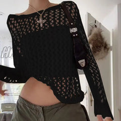 Hnewly Y2K Hollow Out Cropped Knit Smock Top Women Vintage Loose Distressed Crochet Pullovers Crop