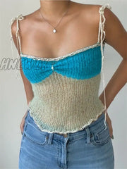 Hnewly Y2K Hollow Out Knit Crop Top Women Contrast Color Sleeveless Tank Tops Summer Club Sexy
