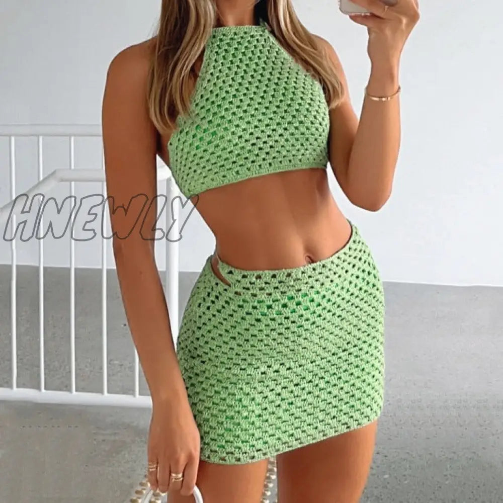 Hnewly Y2K Hollow Out Knit Skirt Sets Women Solid Sleeveless Halter Tie Up Crop Tops + Mini Skirts