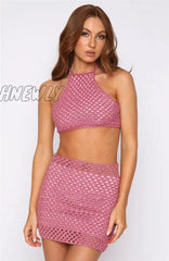 Hnewly Y2K Hollow Out Knit Skirt Sets Women Solid Sleeveless Halter Tie Up Crop Tops + Mini Skirts