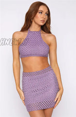 Hnewly Y2K Hollow Out Knit Skirt Sets Women Solid Sleeveless Halter Tie Up Crop Tops + Mini Skirts